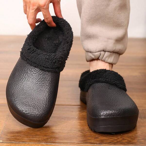 Black Slippers For Men, Cross-Border Kitchen Chef Closed Toe Shoes, Winter Warm Thermal Lined Waterproof Non-Slip House Shoes