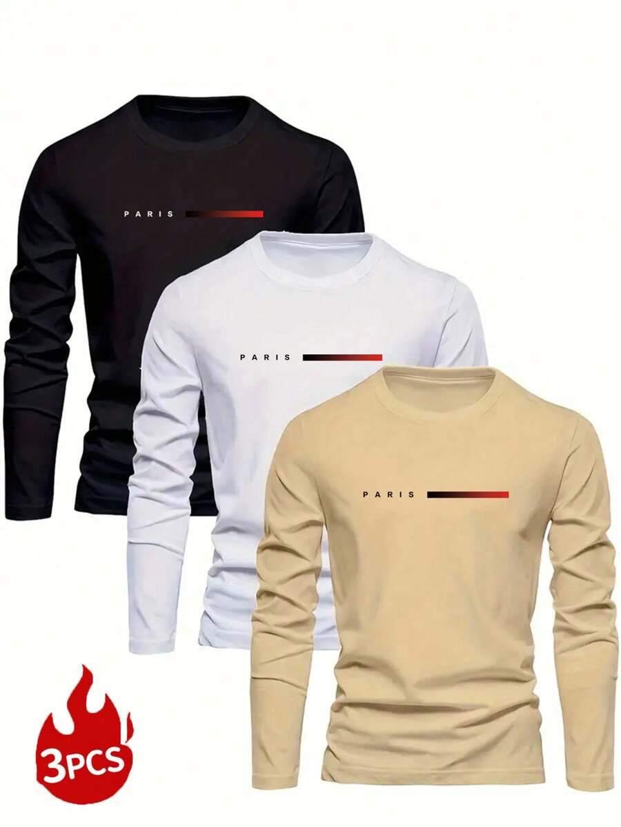 paquete de 3 camisetas de manga larga con estampado de letras para hombres, camisetas casuales básicas para el otoño - Multicolor - Ver 1