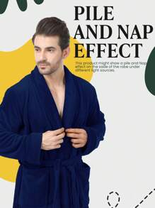 Men Fleece Shawl Collar Bathrobe Long Sleeve For Home Wear, Plush Long Lace Up Spa Robe