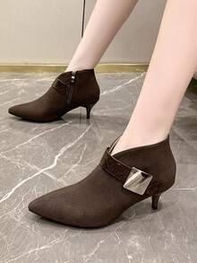 新款方头低跟踝靴，女士时尚百搭麂皮尖头套脚粗跟踝靴 - 棕色 - 查看 6