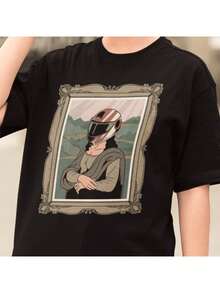 Mona Lisa Meme Motorcycle Helmet T-Shirt Unisex Adult And Children Unisex T-Shirt Male Female 100% Cotton Premium Top Streetwear New Release Fast Shipping Various Colors!! Plus Size - 黑色 - 查看 2
