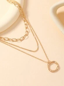 1 件女士时尚夸张粗链不对称圆形吊坠多层项链，适合休闲日常和派对佩戴