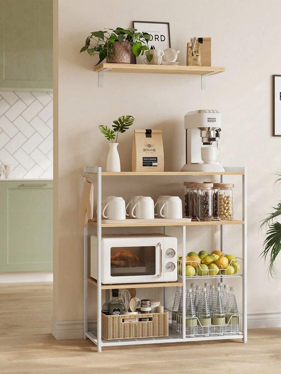 VASAGLE Scaffale per Microonde con 2 Cesti in Rete Metallica, Scaffale da Cucina con Piano d'Appoggio, Ripiani e Ganci, 80 x 35 x 95 cm, Marrone Vintage/Greige e Nero/Noce Medio, Bianco/Grigio Antracite e Nero Inchiostro