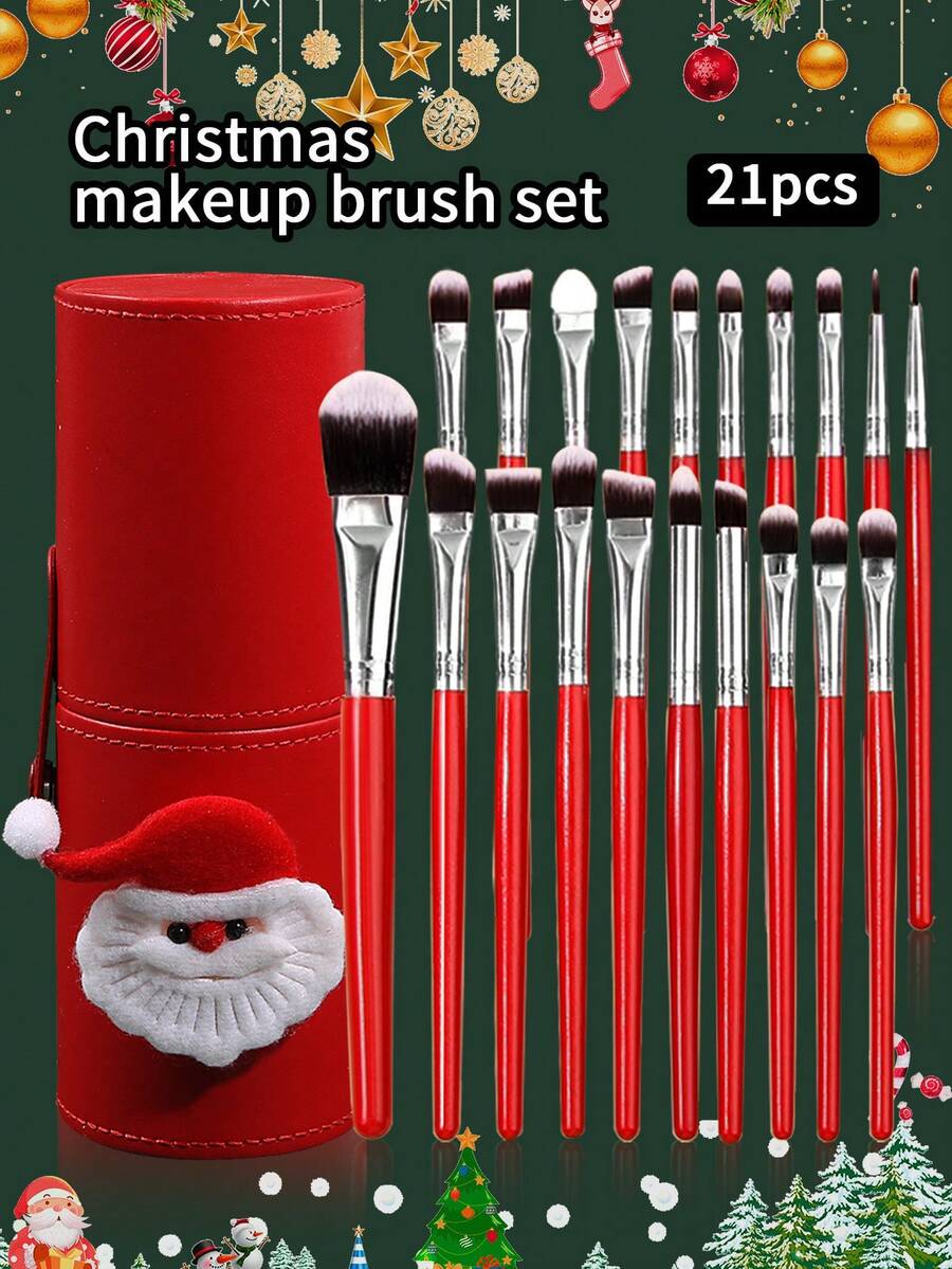 21件套圣诞系列化妆刷套装，包含粉底刷、眼影刷、遮瑕刷、斜角眉刷、眼线刷，附赠圣诞老人礼品桶，多功能化妆刷收纳盒，可爱圣诞礼物，化妆刷套装，化妆刷套装，化妆刷套装，全套化妆刷，化妆刷套装，化妆刷套装，化妆礼盒套装