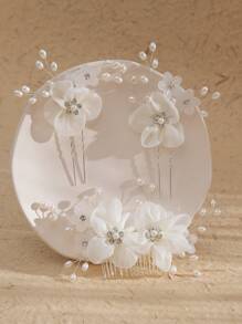 3pcs/Set Weddding Sparkly Hair Combs Set Crystal Flwoer Leaf Shape Hair Clips Bride Bridesmaid Hair Sides Comb Rhinestone Barrettes White Pearl Flower Hair Pins Hair Accessories For Women Girls - Silver - View 3