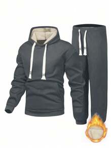 Bộ áo hoodie lót nhiệt dày thời trang thường ngày đa năng cho nam mùa thu đông - Xám - Xem 1