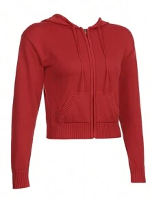 Womens Full Zip Knit Hoodies, Casual Solid Color Long Sleeve Drawstring Sweatshirts