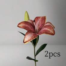 人造百合，19.7 英寸（2 头）人造花，有多种颜色可选，手工制作的花瓣，配有柔软的布料和塑料树枝，适合 DIY 插花，电影假花装饰，情人节装饰花，复古百合丝花人造花，家居装饰客厅卧室餐厅装饰 - 彩色 - 查看 19