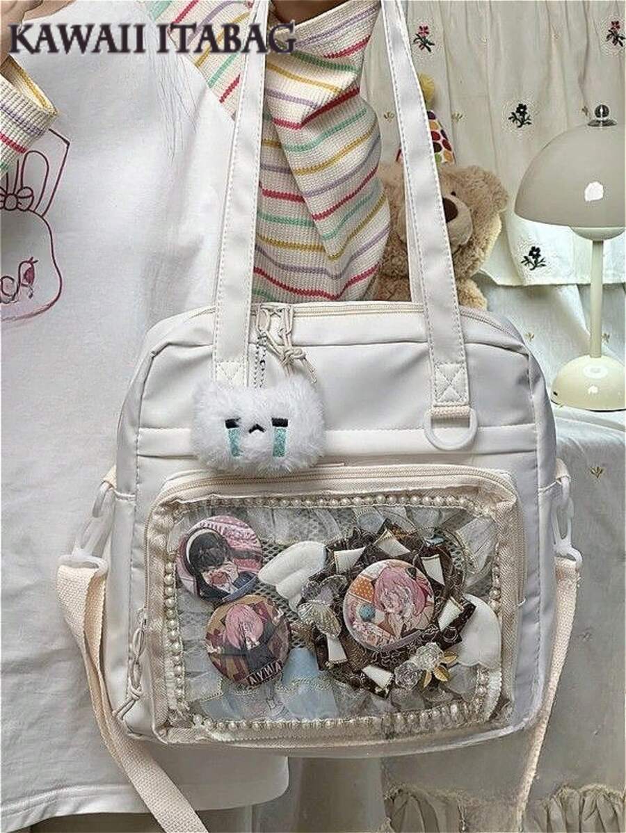 Y2K 新款 2024 Itabag 女士带 PVC 透明口袋徽章展示板单肩包女孩学校书包 Ita 包斜挎包 JK 娃娃包 - 白色 - 查看 1