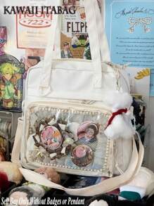 Y2K 新款 2024 Itabag 女士带 PVC 透明口袋徽章展示板单肩包女孩学校书包 Ita 包斜挎包 JK 娃娃包 - 白色 - 查看 2