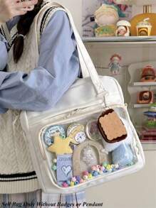 Y2K 新款 2024 Itabag 女士带 PVC 透明口袋徽章展示板单肩包女孩学校书包 Ita 包斜挎包 JK 娃娃包 - 白色 - 查看 5
