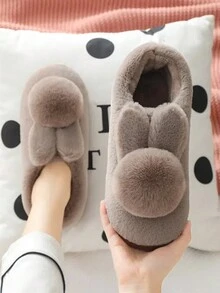 New Women Plush Slippers Winter Boots, Indoor/Outdoor Wear Furry Shoes, Closed Toe Slippers, Autumn/Winter Cute Cartoon Rabbit Thick Bottom Warm Soft Bottom Red Shoes, Brown Slippers