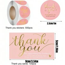 600pcs Thank You Support Me Mini Card & Sticker Set - Pink Gold Foil Thank You Cards For Retail Packaging, Insert Card, Envelop Sealing, Entrepreneur & Sellers