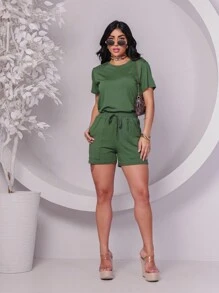 Women's Set In Fleece Fabric Comprising Shorts And Short Sleeve Cropped Top - Army Green - View 1