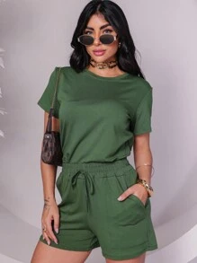 Women's Set In Fleece Fabric Comprising Shorts And Short Sleeve Cropped Top - Army Green - View 2