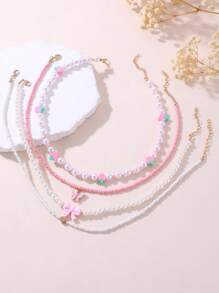 4 件套女孩草莓、蝴蝶、珍珠串珠项链套装