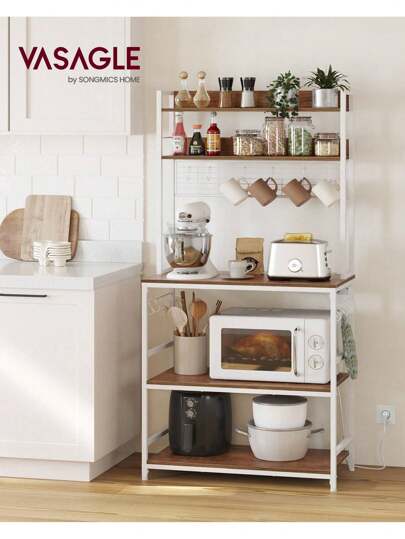 VASAGLE Scaffale Cucina con Multipresa, Scaffale per Microonde, Mobile Cucina, con Pannello a Rete Metallica, 14 Ganci, 40 x 80 x 170 cm, Noce Medio e Bianco