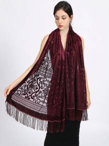 奢华复古花卉天鹅绒烧花披肩/裹身裙，手工制作的勃艮第红色流苏正式派对晚礼服，带有透明花朵图案 - 酒紅色 - 查看 4