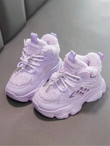 2024 年冬季儿童毛绒高帮运动鞋，新款女孩厚底厚底运动鞋和男孩学生保暖冬季鞋，时尚 - 紫色 - 查看 3