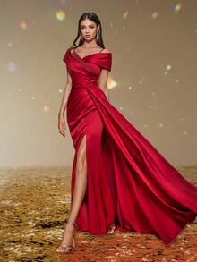 Smilprince 优雅迷人的红色露肩缎面高开叉长礼服，垂腰设计，优雅派对，女士舞会礼服，婚礼宾客、毕业典礼、晚宴的正式晚礼服