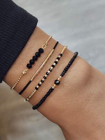 4入組黑色水晶手工時尚手鍊套裝，適用於女士度假派對珠寶節日禮品