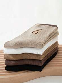 5 双女式熊图案中筒袜，休闲/校园风格短袜混色，春夏