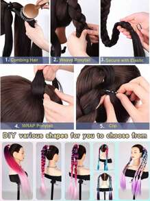 1pc 28 Inch (70cm) Blue Braided Ponytail Hair Extension, Colorful Festival Celebration Elastic Wrap Around Soft Woven Ombre Synthetic Hair Extension For Women