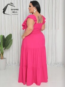 Plus Size Long Dress With Ruffle On The Shoulder - Hot Pink - View 2