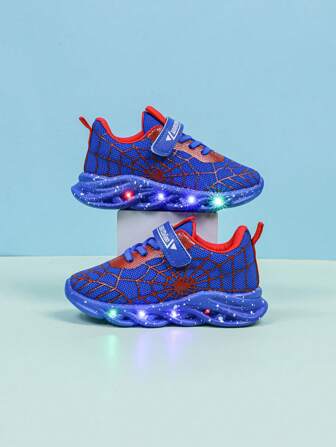 Spider Pattern LED Breathable Mesh Sports Shoes, Suitable For Boys And Girls - Casual, Shock-Absorbing, All-Season Anti-Slip Outdoor Running And Walking Shoes