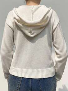Womens Full Zip Knit Hoodies, Casual Solid Color Long Sleeve Drawstring Sweatshirts - Blanco - Ver 3