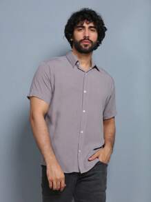 Men's Plain Short Sleeve Button Down Shirt In VISCOSE / Men's Blouse / Dress Shirt - 灰色 - 查看 1