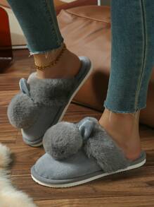 毛绒球毛绒拖鞋冬季保暖女士一脚蹬拖鞋，室内/户外情侣家居鞋 - 灰色 - 查看 1