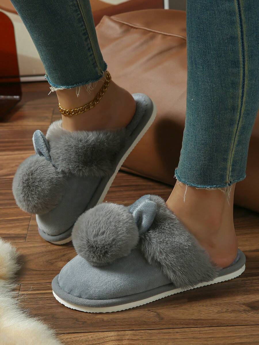 毛绒球毛绒拖鞋冬季保暖女士一脚蹬拖鞋，室内/户外情侣家居鞋 - 灰色 - 查看 1