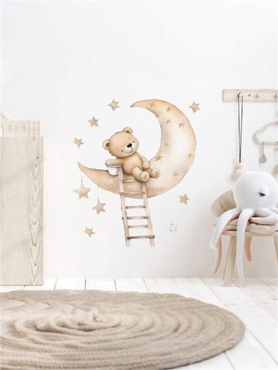 1 Peça Adesivo de Parede com Urso Subindo Escada na Lua, para Quarto de Crianças e Decoração de Berçário, Decoração para Chá de Bebê e Família, Presente