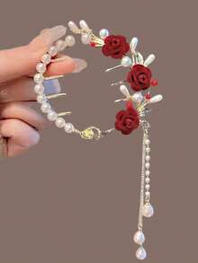 1 kẹp tóc tua rua hoa hồng bằng hợp kim kẽm, mũ đội đầu bằng ngọc trai giả, thích hợp để đeo hàng ngày và dự tiệc - Nhiều màu - Xem 3