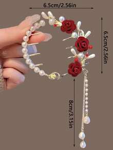 1 kẹp tóc tua rua hoa hồng bằng hợp kim kẽm, mũ đội đầu bằng ngọc trai giả, thích hợp để đeo hàng ngày và dự tiệc - Nhiều màu - Xem 2