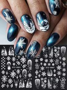 2 件 5D 白色冬季雪花雪人浮雕指甲贴纸圣诞树铃铛自粘式指甲贴纸节日圣诞新年指甲装饰美甲 - 白色 - 查看 5