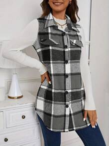 Check Print Sleeveless Jacket With Flap Details - Black and White Grid - View 4