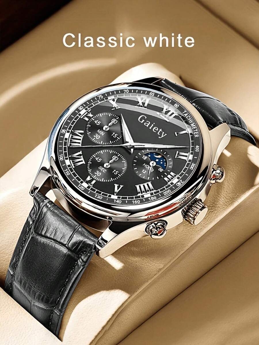 GAIETY 1 件经典罗马数字男士手表 - 时尚纯色石英钟表，配有耐用 PU 皮革表带 - 优雅舒适的休闲手表 - 黑色 - 查看 1