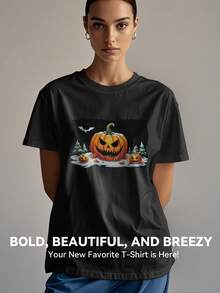 Women's Print Short Sleeve T-Shirt, Black & White Shirt, 180gsm Shirt, Crew Neck Short Sleeve T-Shirt, Breathable & Comfortable Casual Sports Fitness Tee, Casual Vintage Style, Suitable For Summer, Beach Holiday Crew Neck Short Sleeve Casual T-Shirt, Summer Tee