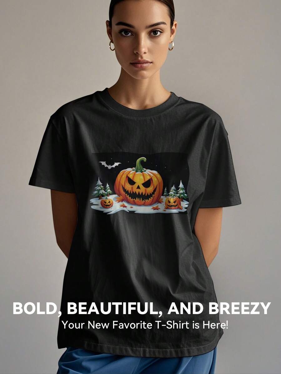 Women's Print Short Sleeve T-Shirt, Black & White Shirt, 180gsm Shirt, Crew Neck Short Sleeve T-Shirt, Breathable & Comfortable Casual Sports Fitness Tee, Casual Vintage Style, Suitable For Summer, Beach Holiday Crew Neck Short Sleeve Casual T-Shirt, Summer Tee