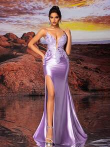 紫色吊带花卉刺绣闪亮优雅性感正式晚礼服、婚礼活动礼服、舞会晚礼服、适合婚礼嘉宾、毕业典礼