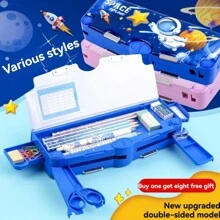 1 件多功能 3 层双面大容量学校用品收纳铅笔盒，配有剪刀、笔刀、尺子、橡皮擦、日程表、干擦记号笔 回到学校，回到学校，学校用品，铅笔袋，书包 - 雙面剪刀款文具盒 - 查看 2