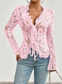 Women Lace Long Sleeve Tops Casual Sheer Basic Tie Front Shirt Blouses For Club Streetwear Aesthetic Clothes