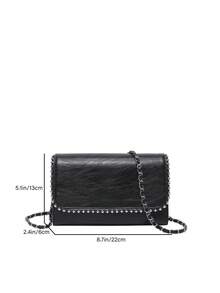 low tea 1 件 PU 皮革纯色女士单肩包，时尚方形，配有可调节的金属链条，珍珠装饰翻盖开合，适合日常和外出使用 - 黑色 - 查看 2