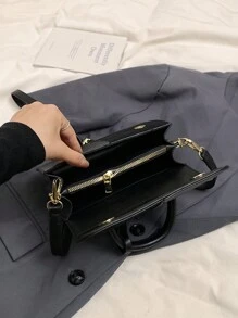 New Stylish Minimalist Plaid Patchwork Handbag With Shoulder Strap - Black - View 5