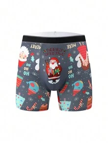 1 pieza Pantalón corto tipo bóxer para hombre con estampado navideño de dibujos animados, cómodo y transpirable con gran elasticidad, ropa interior ultraligera para correr y hacer ejercicio, ropa interior novedosa para hombres.