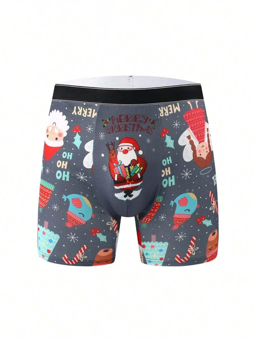 1 pieza Pantalón corto tipo bóxer para hombre con estampado navideño de dibujos animados, cómodo y transpirable con gran elasticidad, ropa interior ultraligera para correr y hacer ejercicio, ropa interior novedosa para hombres.