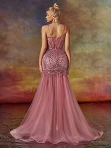 Deep V Neck Spaghetti Mermaid Prom Dress, Elegant Formal Evening Gown, For Wedding Guest, Graduation, Dinner Party Dress - Coral Pink - View 2