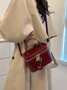 优雅纯色PU皮革便携方包，迷你PU包，防水酒红色布袋，字母图案装饰设计盒包，适合旅行、购物、聚会、通勤，时尚酒红色包包，红色包包